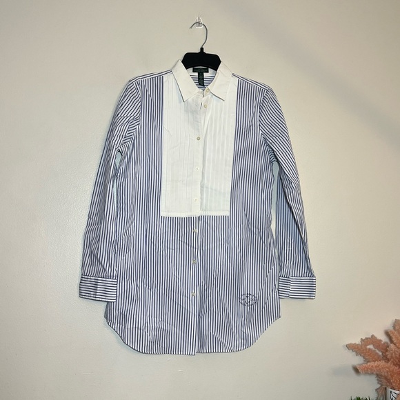 Ralph Lauren LRL Blue & White Pinstripe Bib Button Front Long Sleeve Shirt M - Picture 2 of 5